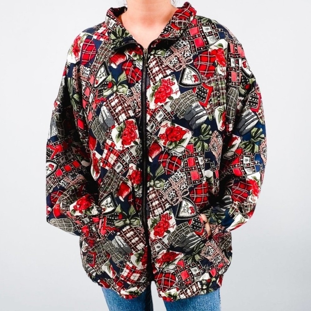 EVR Rousso Vintage 100% Silk‎ Floral Plaid Patchwork Zip Bomber Jacket 3X Plus